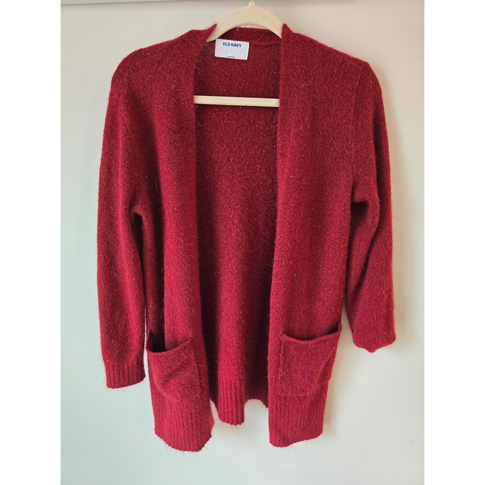 Old Navy Womens Burgundy Red Fuzzy Open Front Cardigan Sweater Pockets Small
